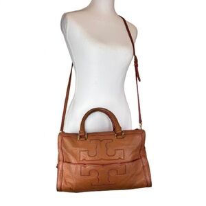 Tory Burch Logo Satchel Brown Pebbled Leather Hot Pink Trim Crossbody